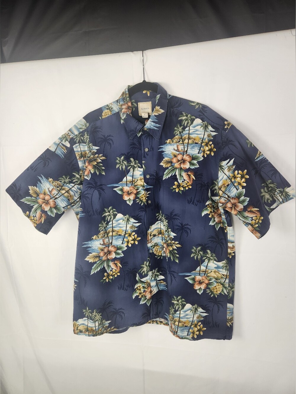 Saddlebred Hawaiian Shirt Mens XL Navy Tropical Floral Palm Tree Resort Beach